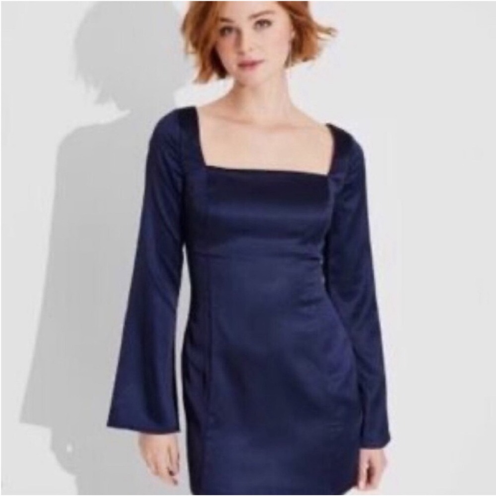 Wild Fable Navy Satin Square Neck Bell Sleeve‎ Mini Dress
